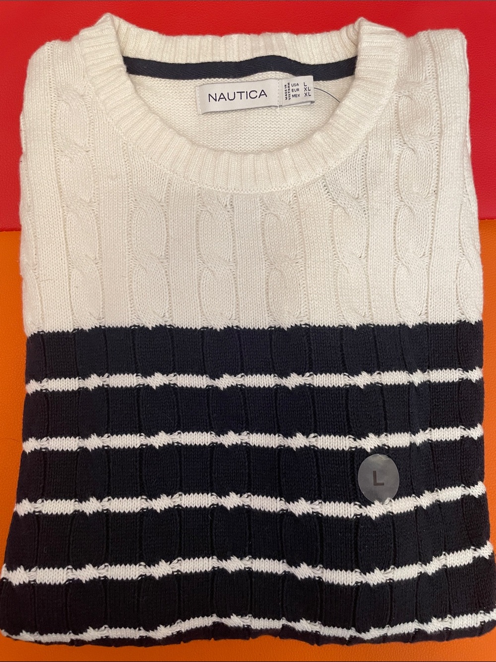 Nautica Men’s Cream and Navy Striped Cable Knit Crewneck Sweater